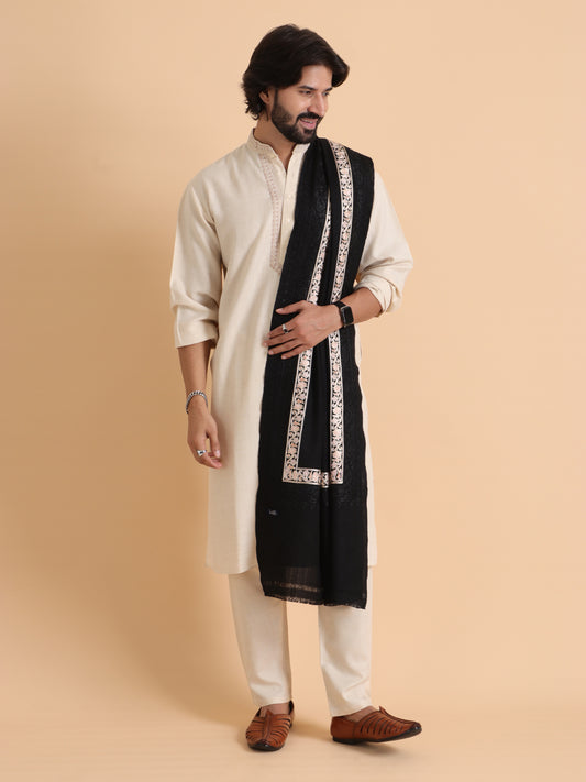 Tweedle Fine Wool Embroidered Stole/Scarf for Men -Black, Medium Size -28x80