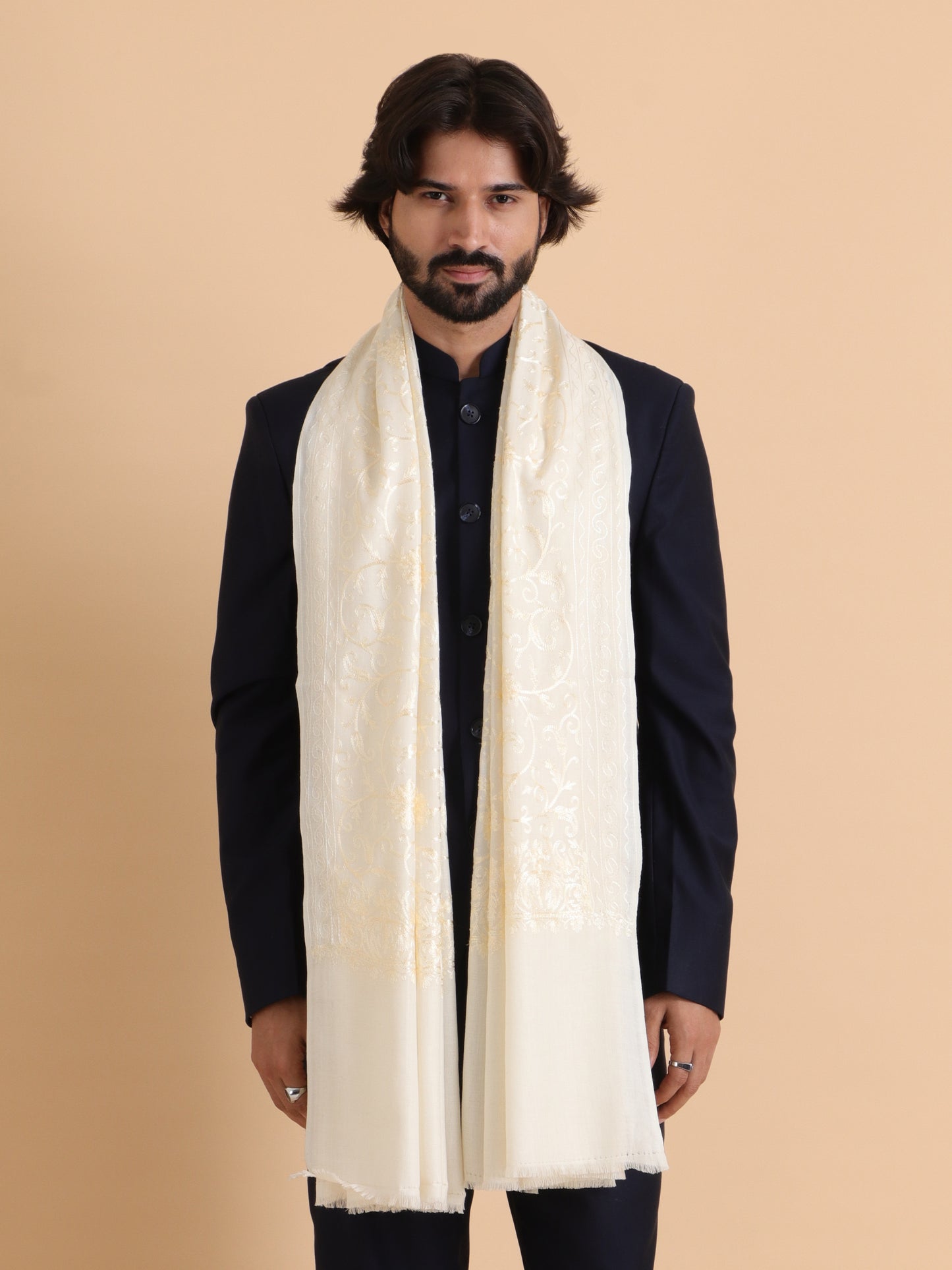 tweedle Kashmiri Aari Embroidery Shawl / Stole for Men - Off-White (40 x 80 inches)