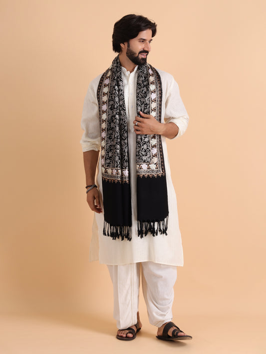 Acro Wool, Soft Feel Kashmiri Embroidery Stole for Winters - Black