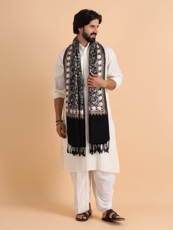 Acro Wool, Soft Feel Kashmiri Embroidery Stole for Winters - Black