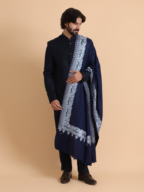 tweedle Kashmiri Aari Embroidery Shawl for Men - Navy Blue (40 x 80 inches)