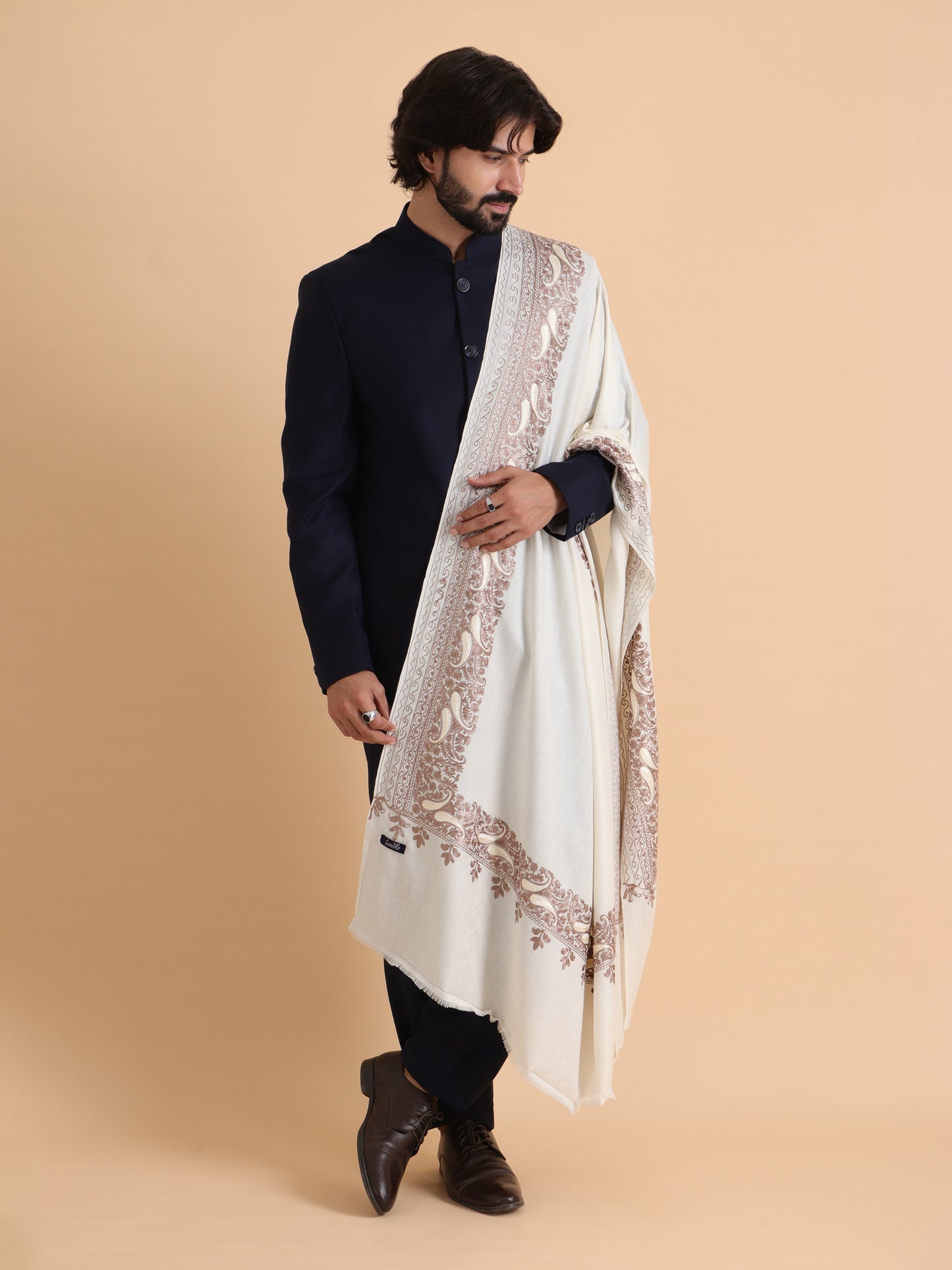 tweedle Kashmiri Aari Embroidery Shawl / Stole for Men - Off-White (40 x 80 inches)