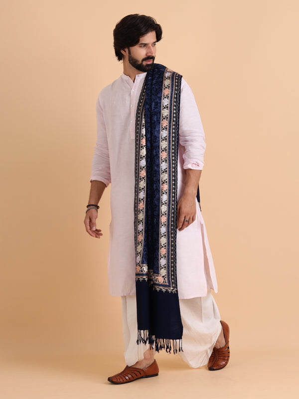 Acro Wool, Soft Feel Kashmiri Embroidery Stole for Winters - Navy Blue