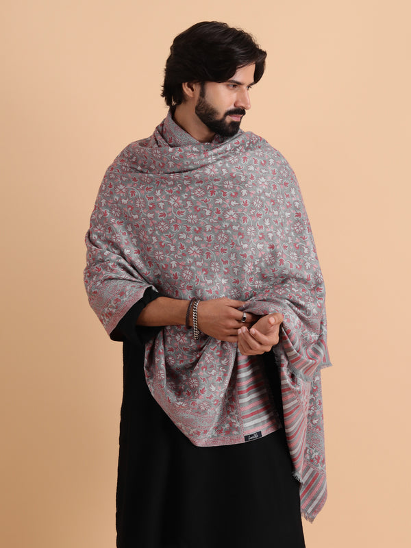 Ethnic Kashmiri Kani Design, Faux Pashmina Shawl - Grey