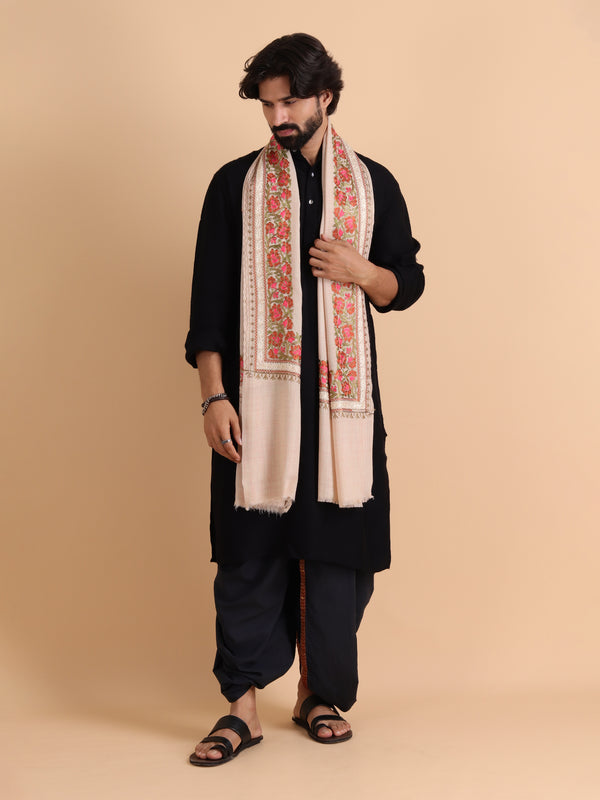 Kashmiri Aari Embroidery Stole, Solid Color with Multicolor Floral Design - Off White