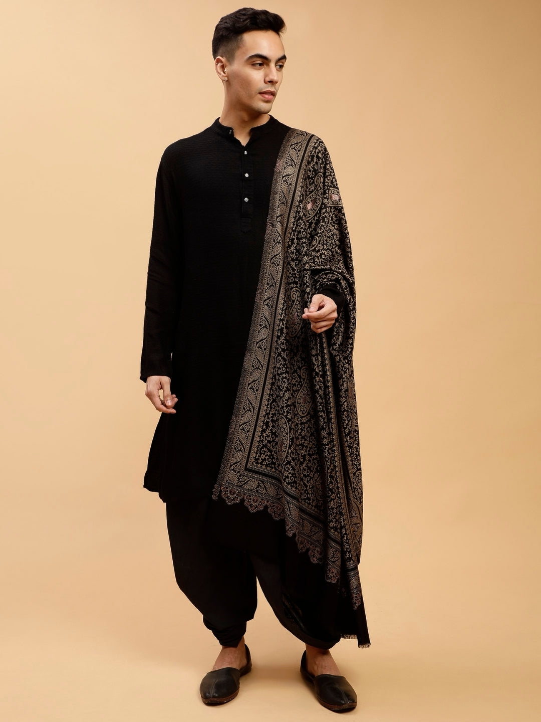 Zari Work Paisley Design Shawl | Black