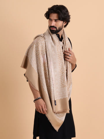 Tweedle Men’s Paisley Design, Zari Shawl - Beige, Size - 40 x 80 inches