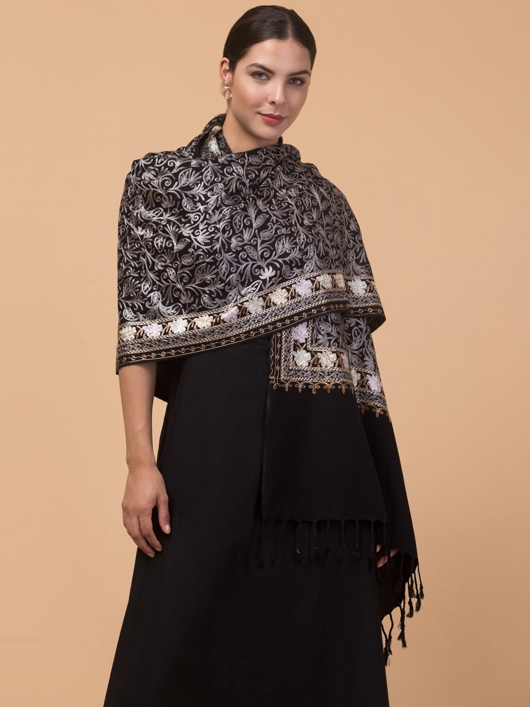 Acro Wool Kashmiri Embroidery Stole | Black