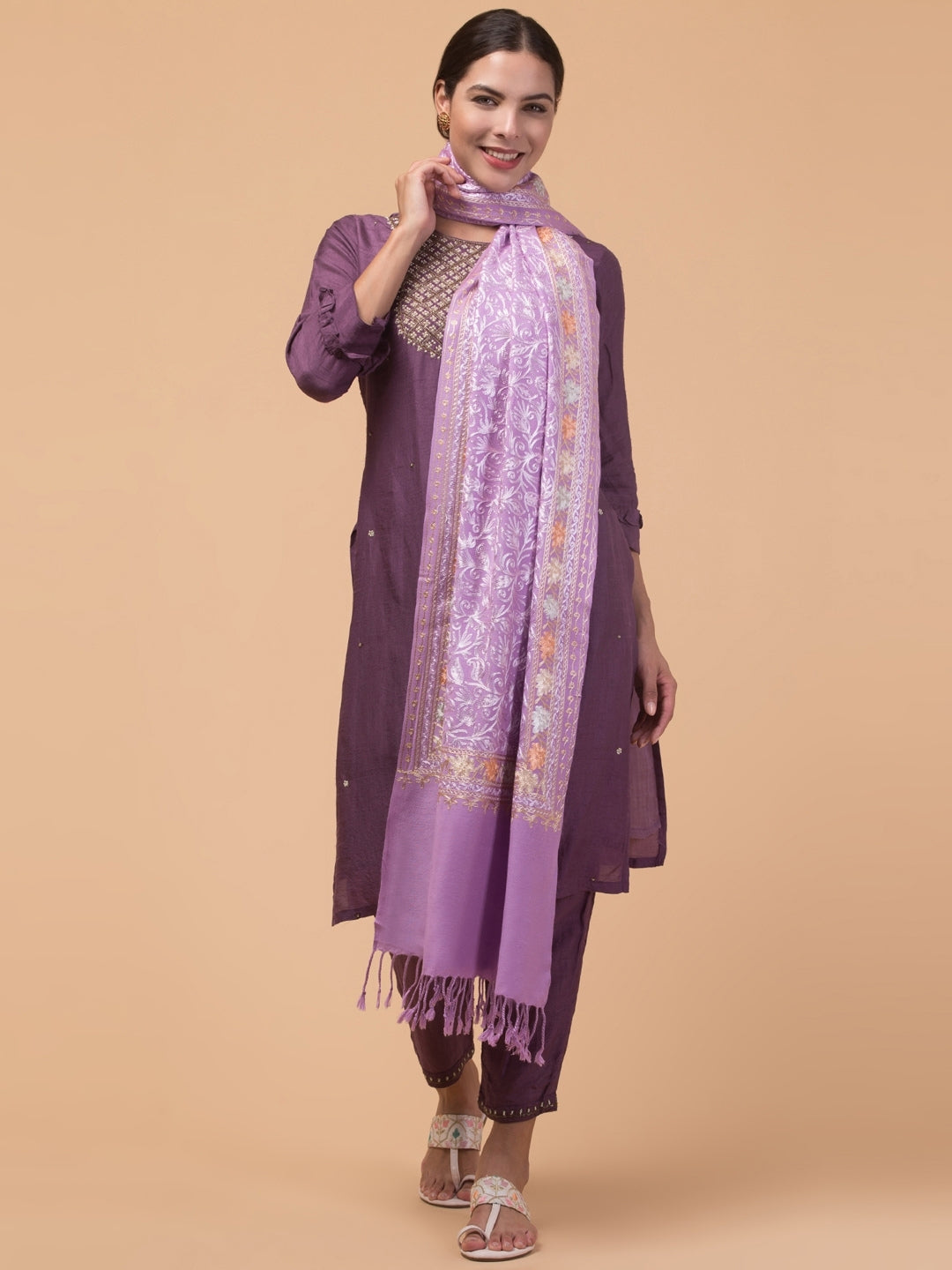 Acro Wool Kashmiri Embroidery Stole | Purple