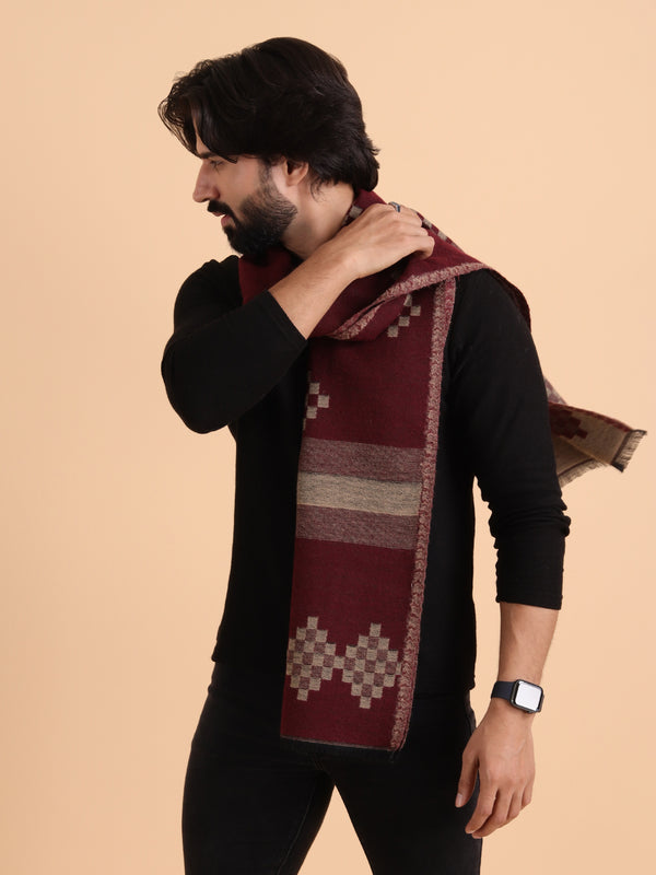 Soft Woolen Reversible Geomentrical Design  Muffler - Maroon