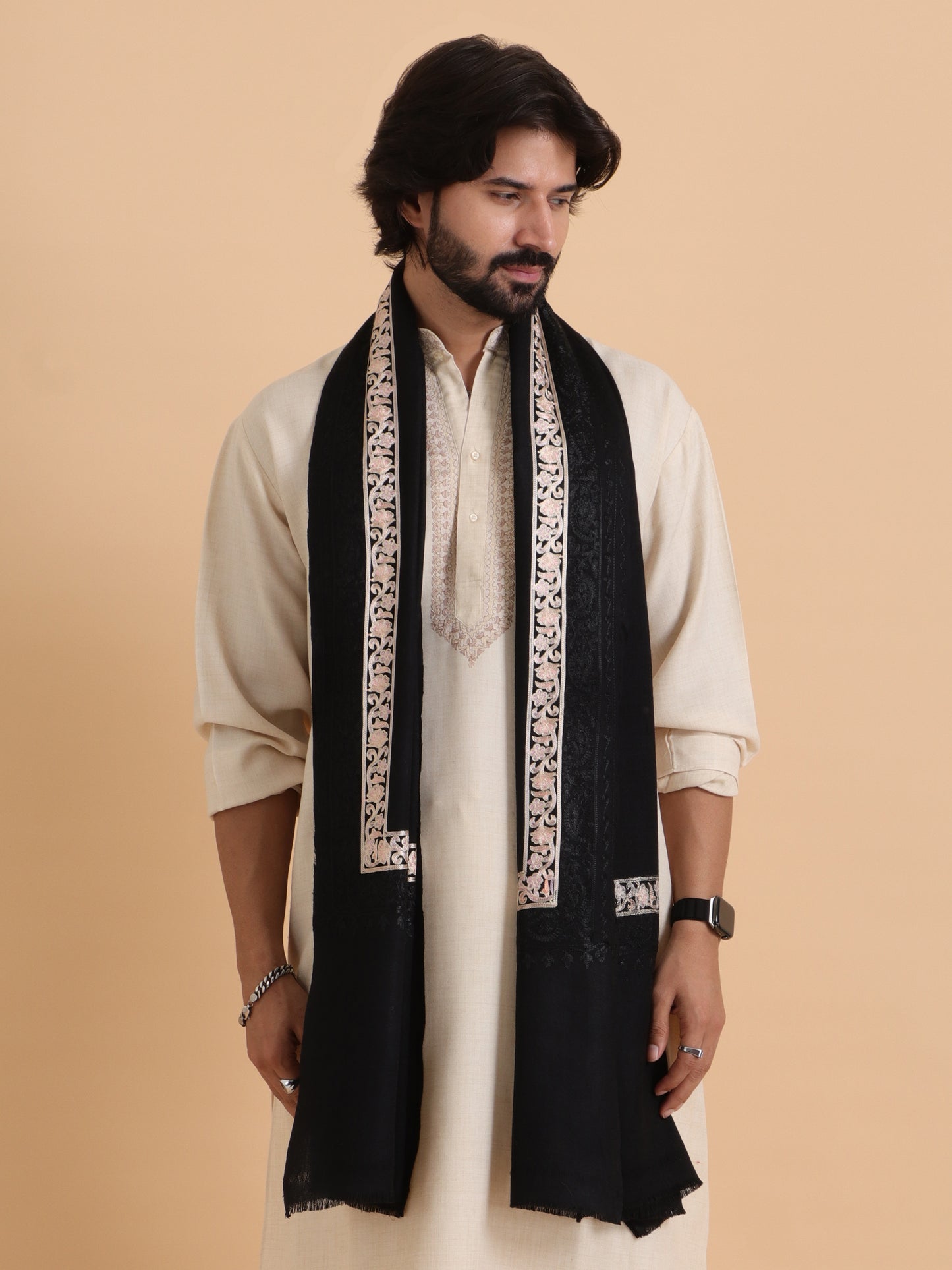 Tweedle Fine Wool Embroidered Stole/Scarf for Men -Black, Medium Size -28x80