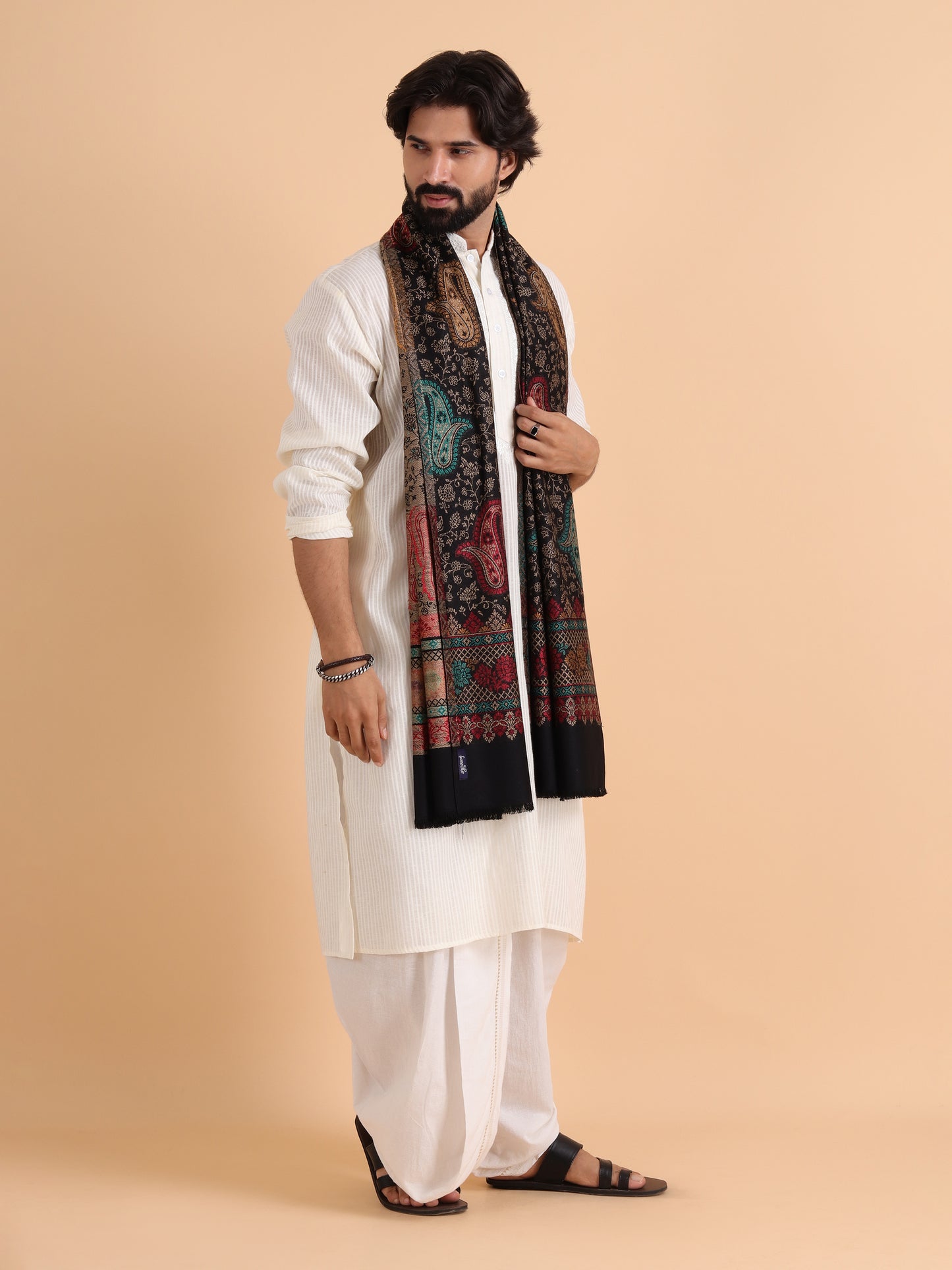 Ethnic Paisley Design Stole with Fringed Edges  - Black