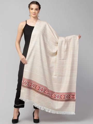 Tweedle Kullu Pattern Wool Blend Shawl for Women  Traditional Himachali Design | Soft Warm Winter Wrap | Off-White - 40x80
