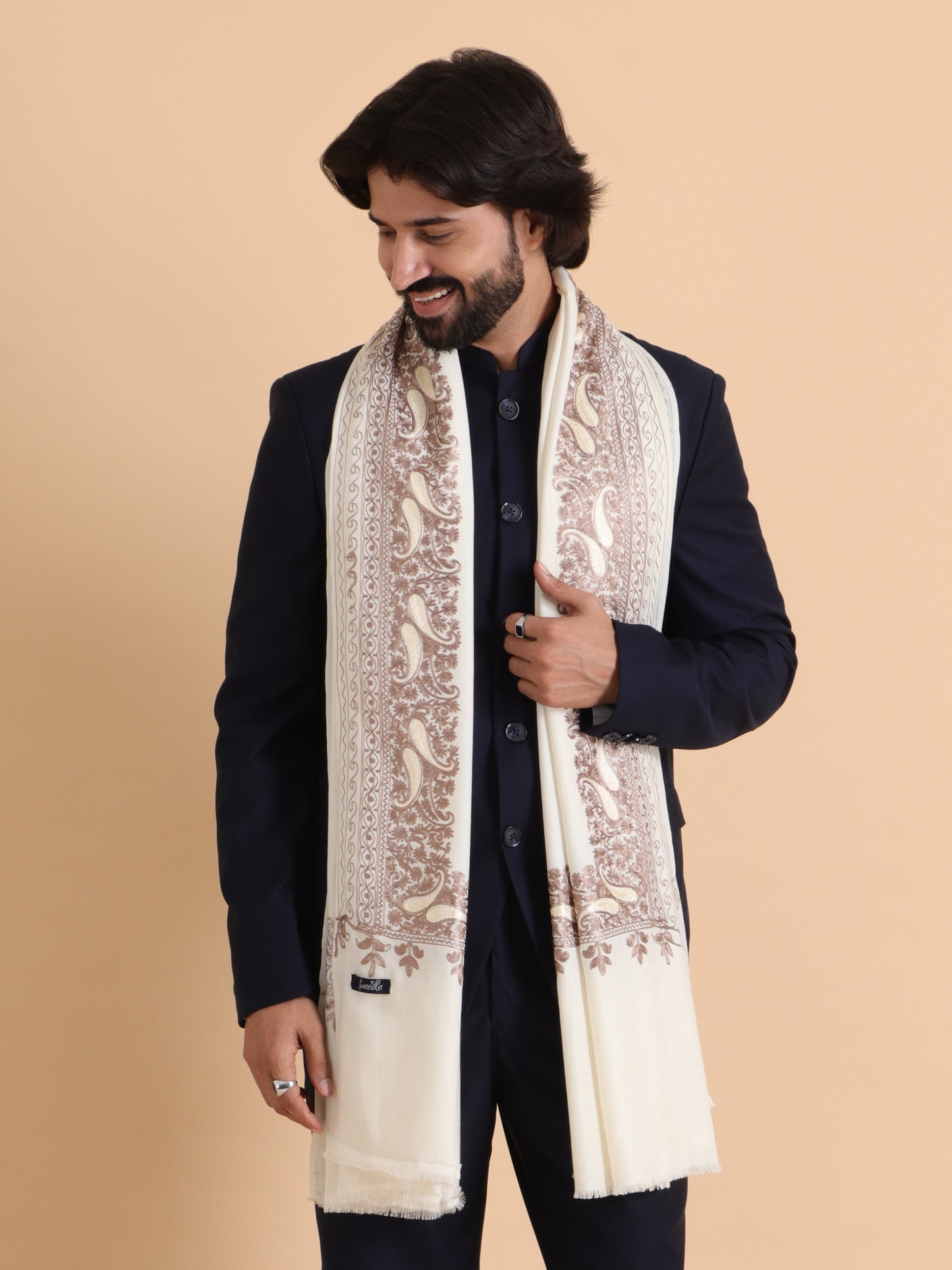 tweedle Kashmiri Aari Embroidery Shawl / Stole for Men - Off-White (40 x 80 inches)