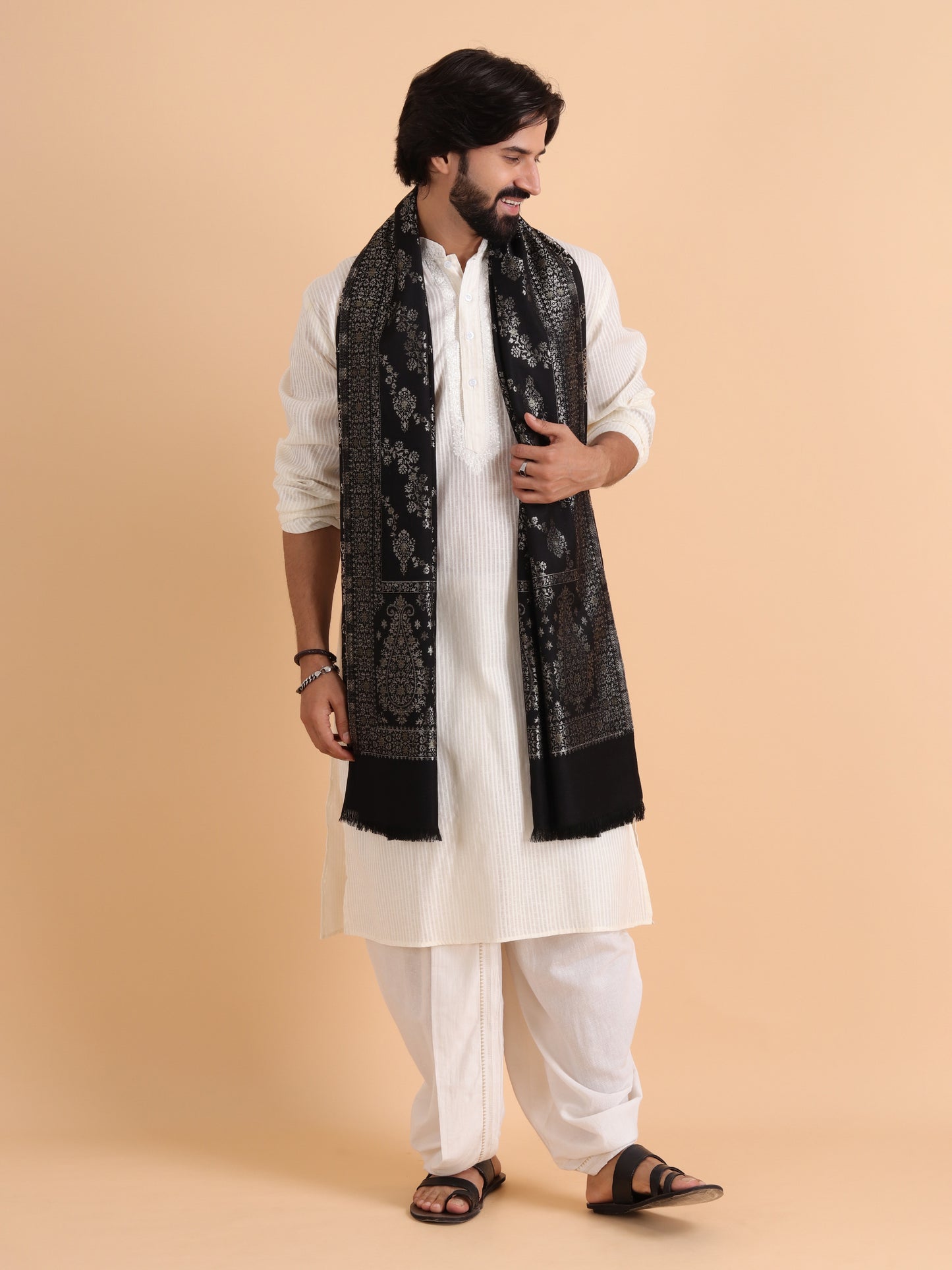 Zari Weave Floral Design Acrylic Stole - Black