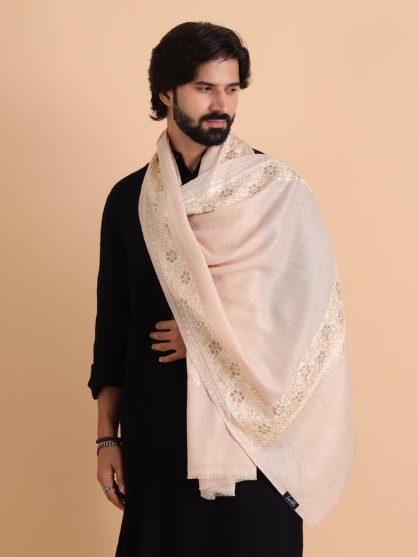 Fine Wool Embroidered Stole, Floral Pattern and Stone Work Border, Off White