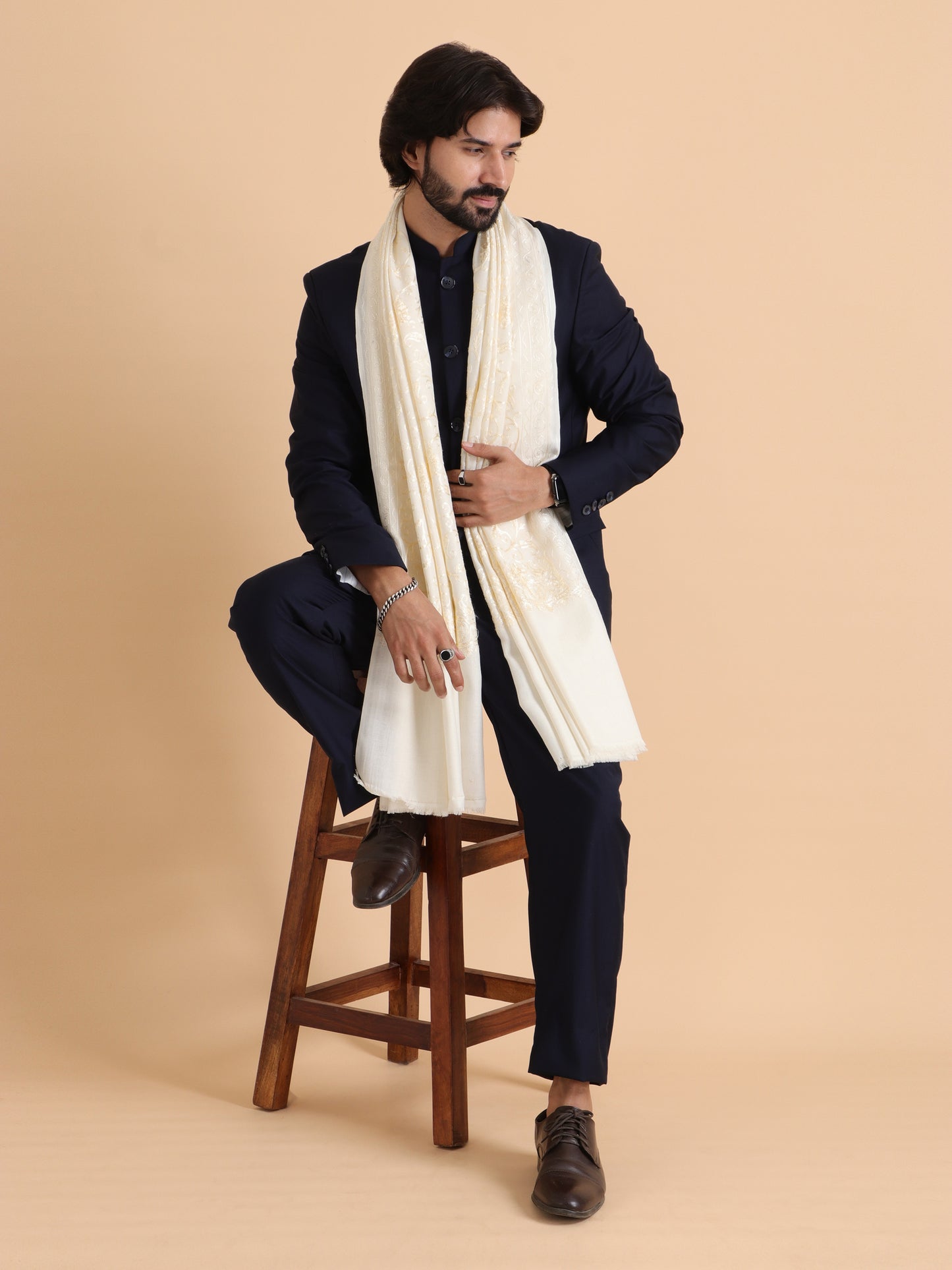 tweedle Kashmiri Aari Embroidery Shawl / Stole for Men - Off-White (40 x 80 inches)