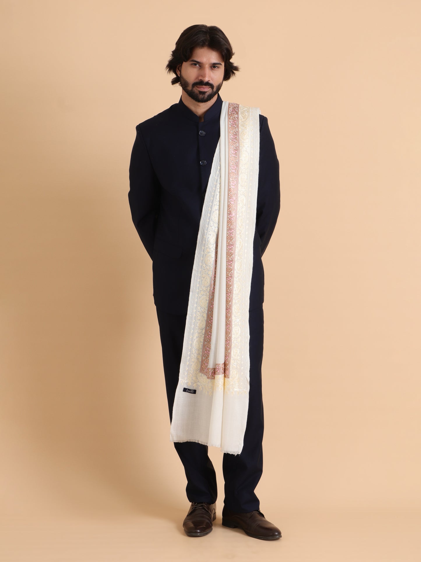 Tweedle Fine Wool Embroidered Stole/Scarf for Men -Off-White, Medium Size -28x80