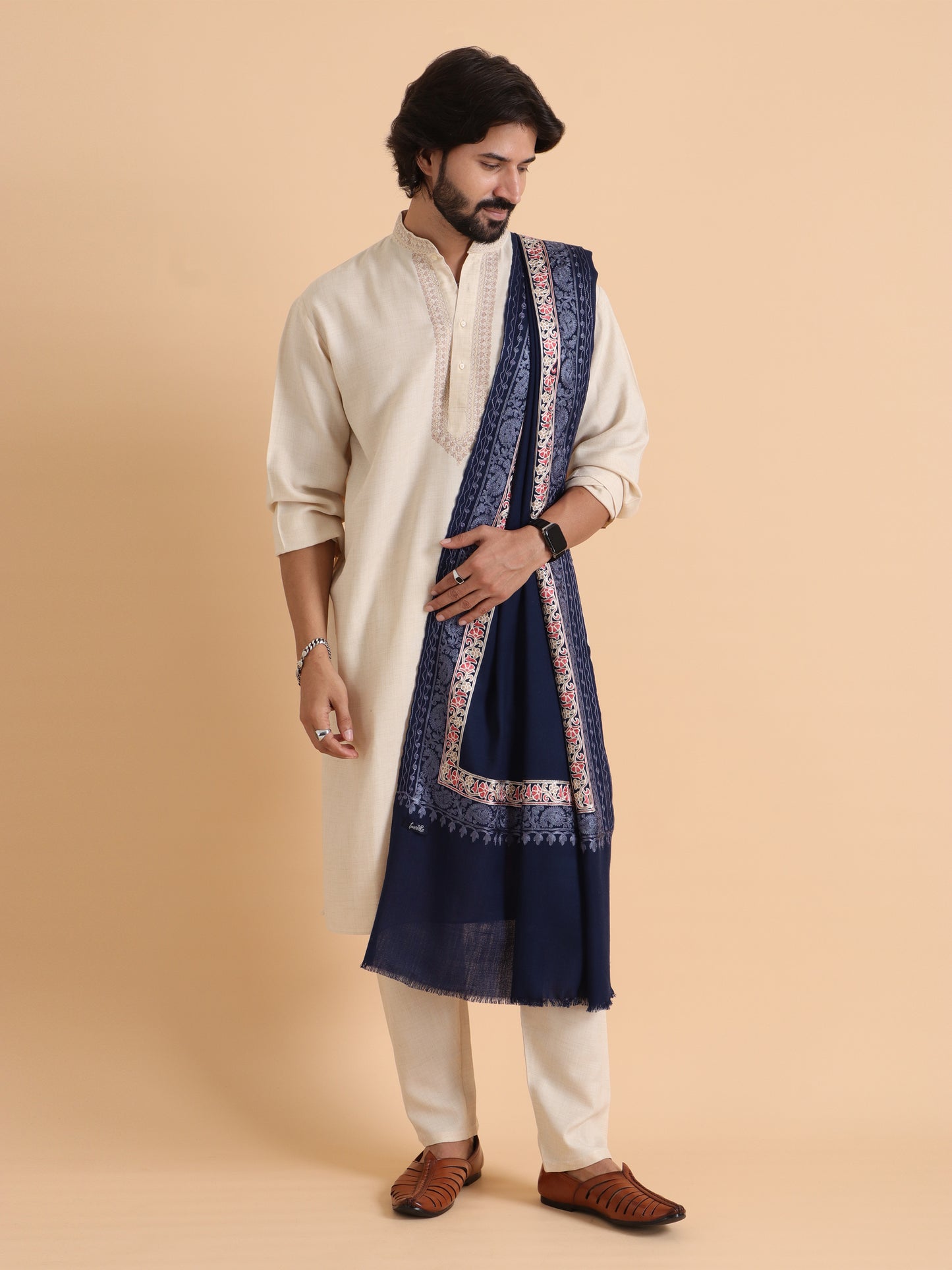 Tweedle Fine Wool Embroidered Stole/Scarf for Men -Navy Blue, Medium Size -28x80