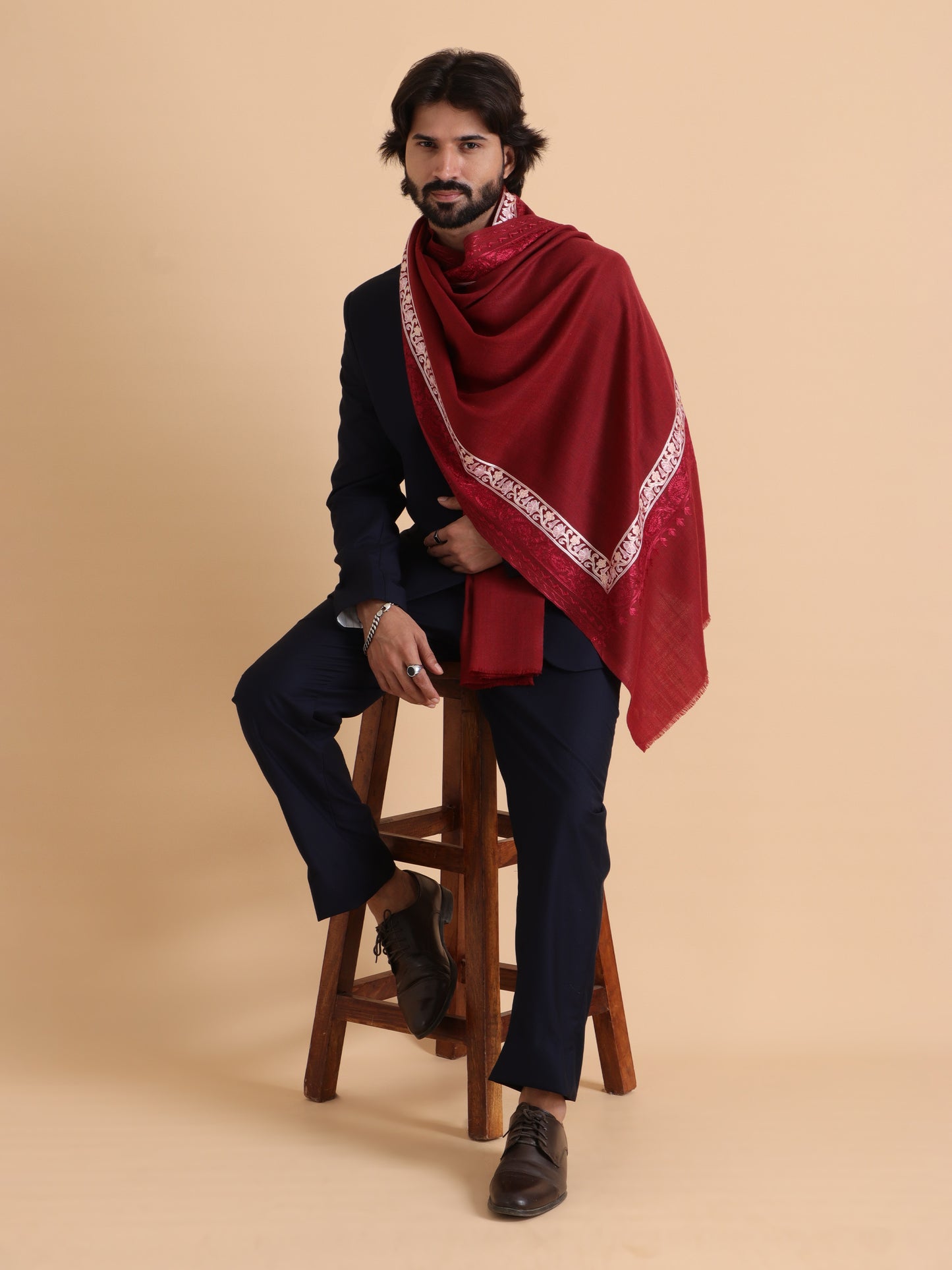 Tweedle Fine Wool Embroidered Stole/Scarf for Men -Maroon, Medium Size -28x80