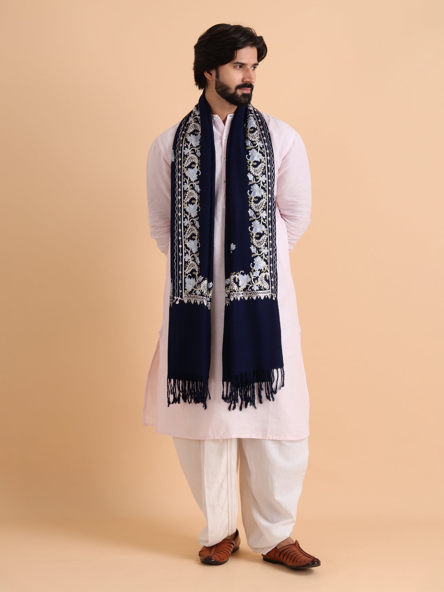 Acro Wool Stole / Wrap with Aari Embroidery Border - Navy Blue