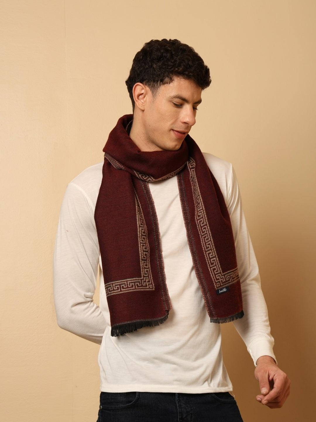 Tweedle Men's  Soft Wool Muffler| Reversible | Geomatrical Pattern | Maroon -  Size 14 x 72 Inches