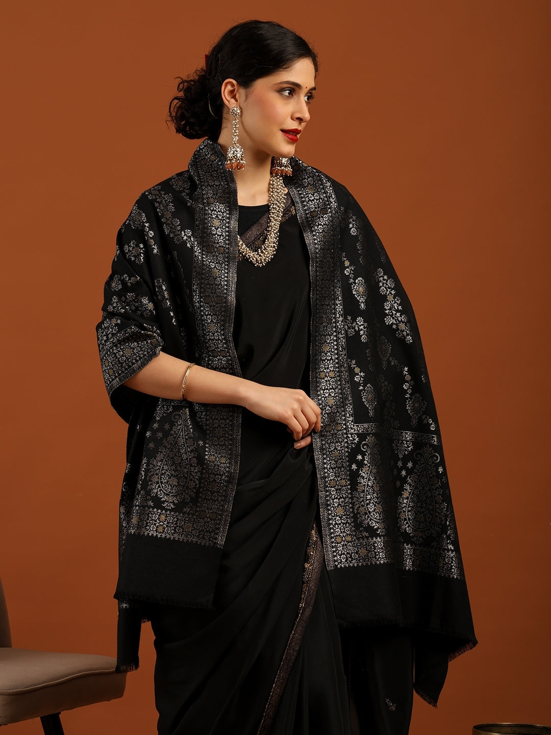 Zari Weave Floral Design Acrylic Stole - Black