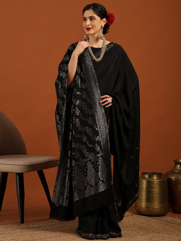 Zari Weave Floral Design Acrylic Stole - Black