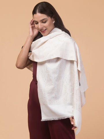 Tweedle Women’s Ethnic Design Faux Wool Kani Stole - white, Size - 28 x 80 inches