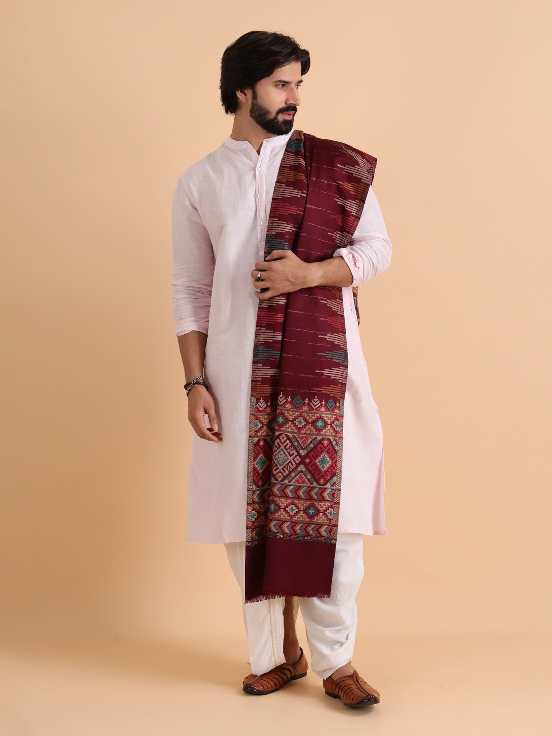 Tweedle Kullu Design Kani Shawl for Men - Wine, Size - 28 x 80 inches