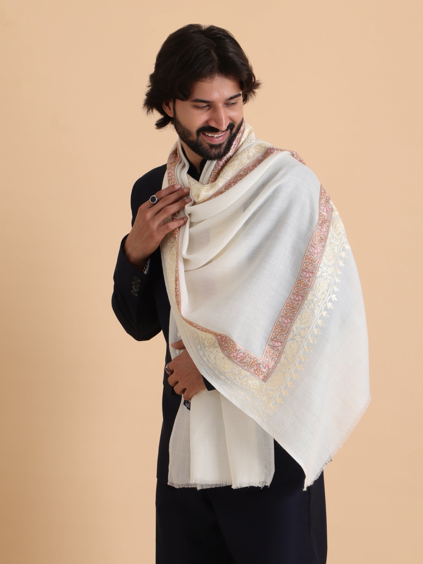 Tweedle Fine Wool Embroidered Stole/Scarf for Men -Off-White, Medium Size -28x80