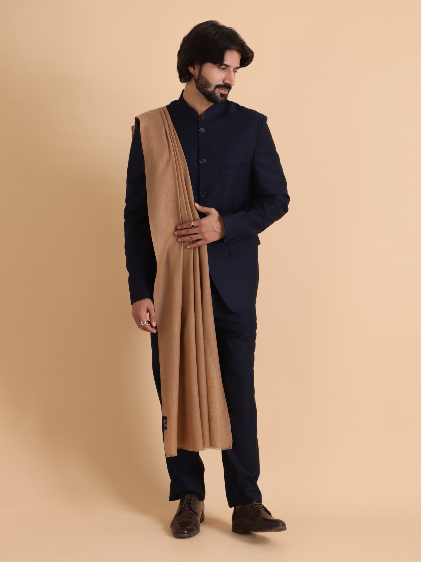 Geometrical Pattern with Plain Palla Shawl for Winters - Beige