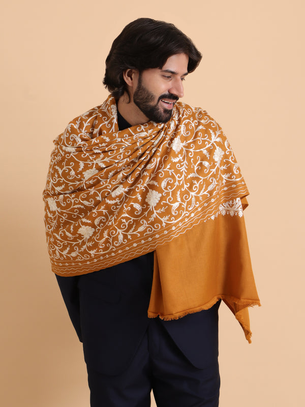 tweedle Kashmiri Aari Embroidery Shawl for Men - Mustard (40 x 80 inches)