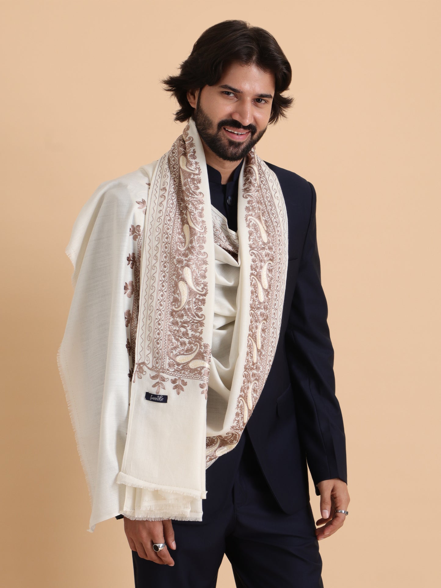tweedle Kashmiri Aari Embroidery Shawl / Stole for Men - Off-White (40 x 80 inches)