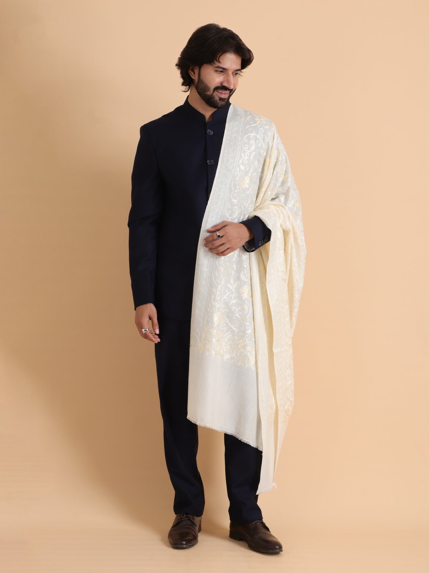 tweedle Kashmiri Aari Embroidery Shawl / Stole for Men - Off-White (40 x 80 inches)