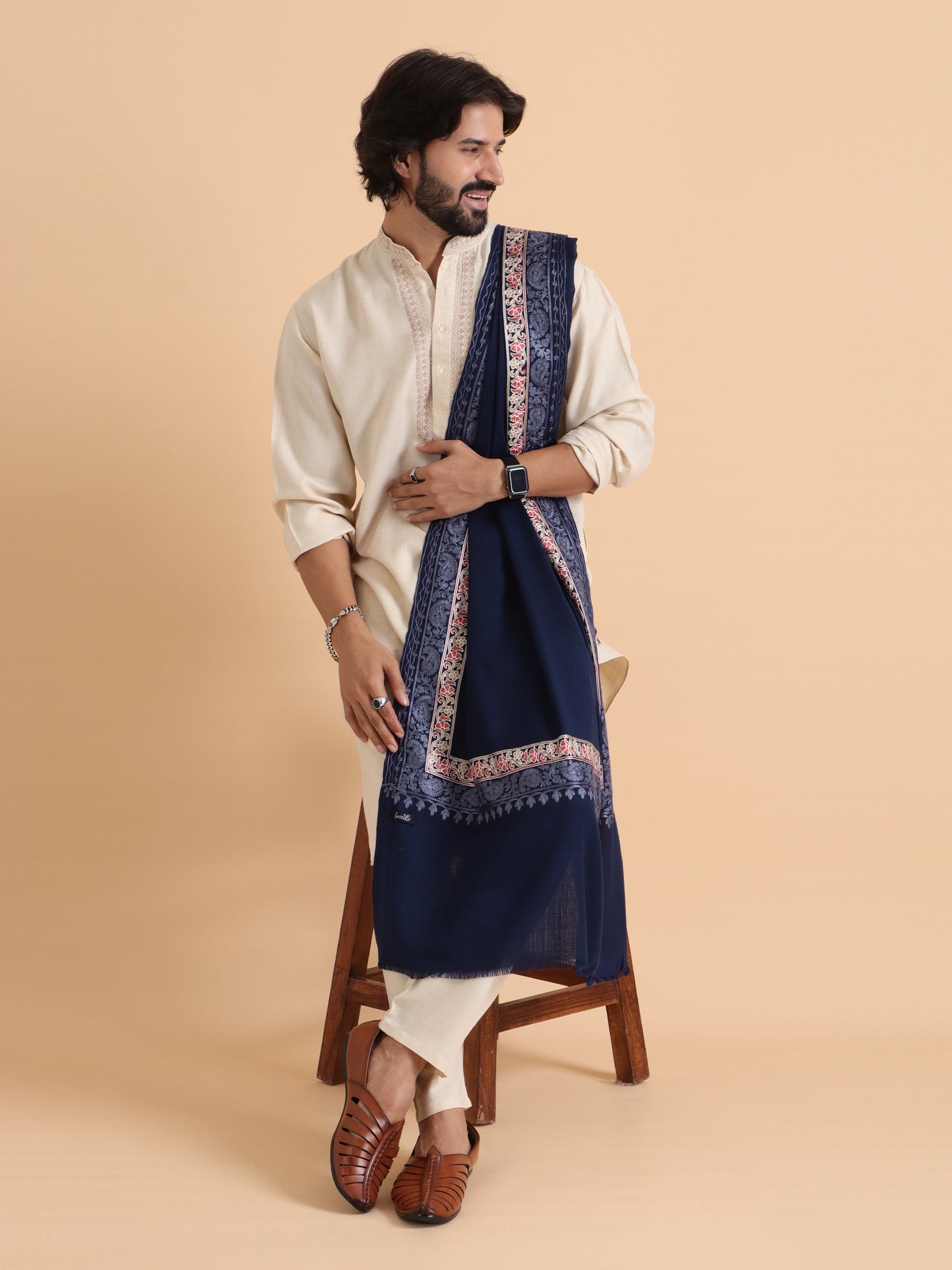 Tweedle Fine Wool Embroidered Stole/Scarf for Men -Navy Blue, Medium Size -28x80