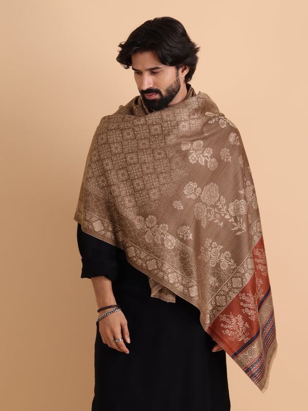 Reversible Fusion, Floral Design Shawl for Winter - Beige