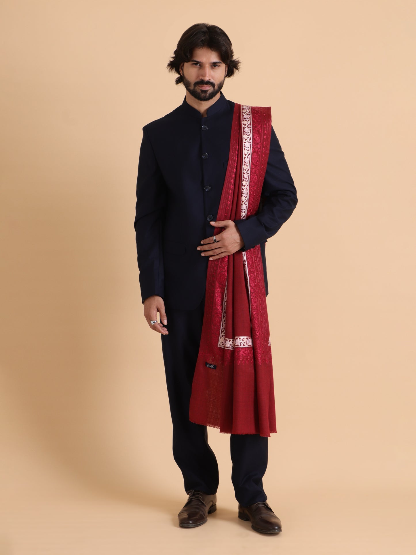 Tweedle Fine Wool Embroidered Stole/Scarf for Men -Maroon, Medium Size -28x80