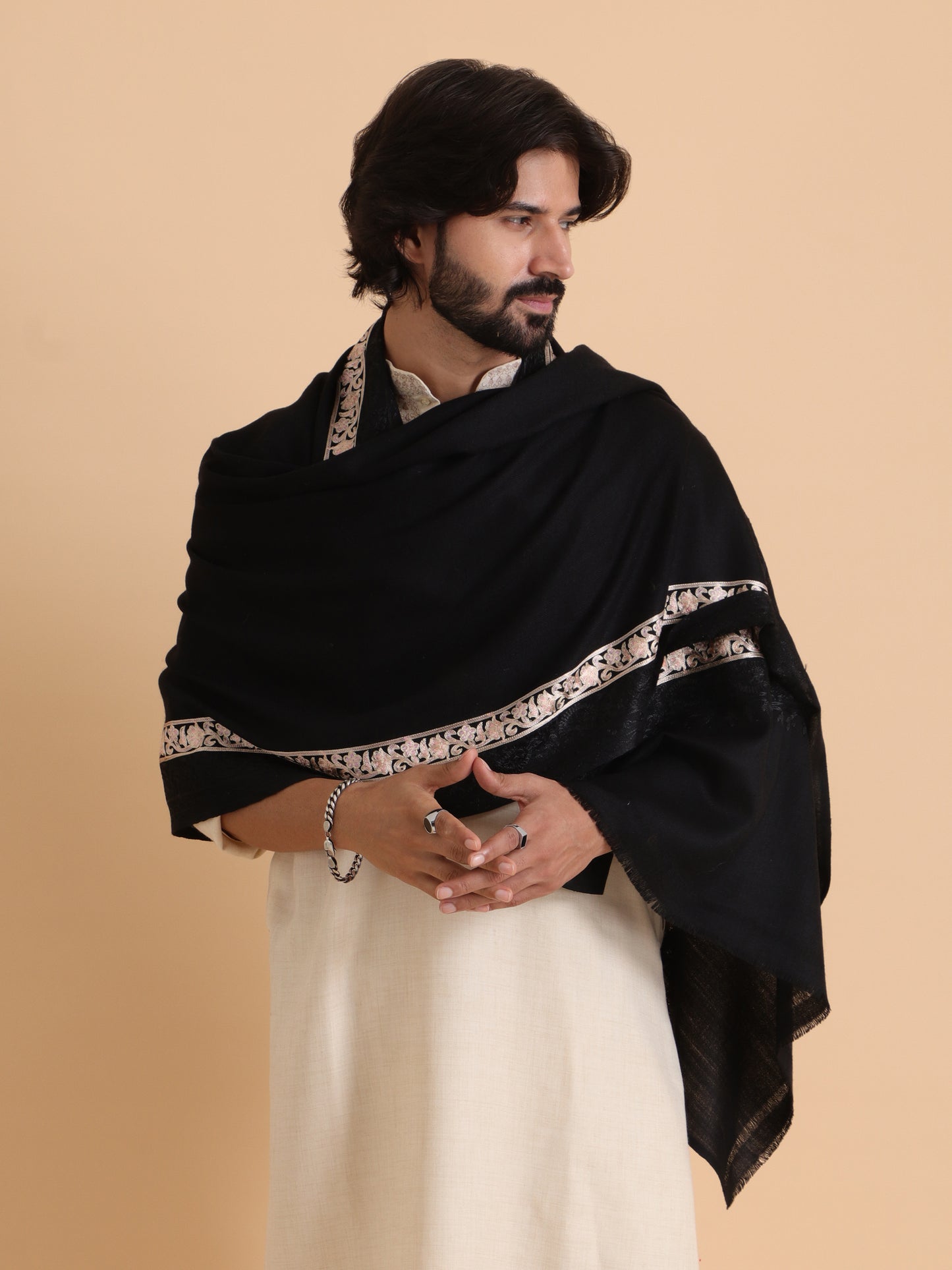 Tweedle Fine Wool Embroidered Stole/Scarf for Men -Black, Medium Size -28x80