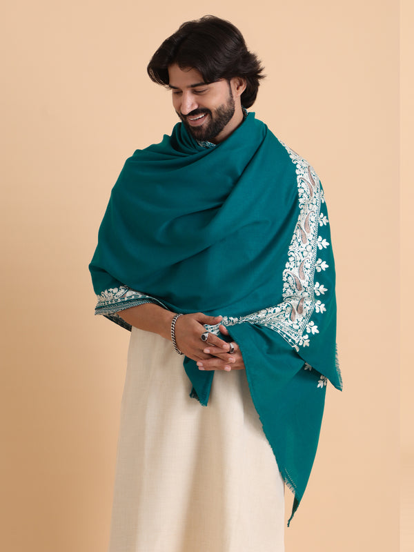 tweedle Kashmiri Aari Embroidery Shawl for Men - Turquoise (40 x 80 inches)