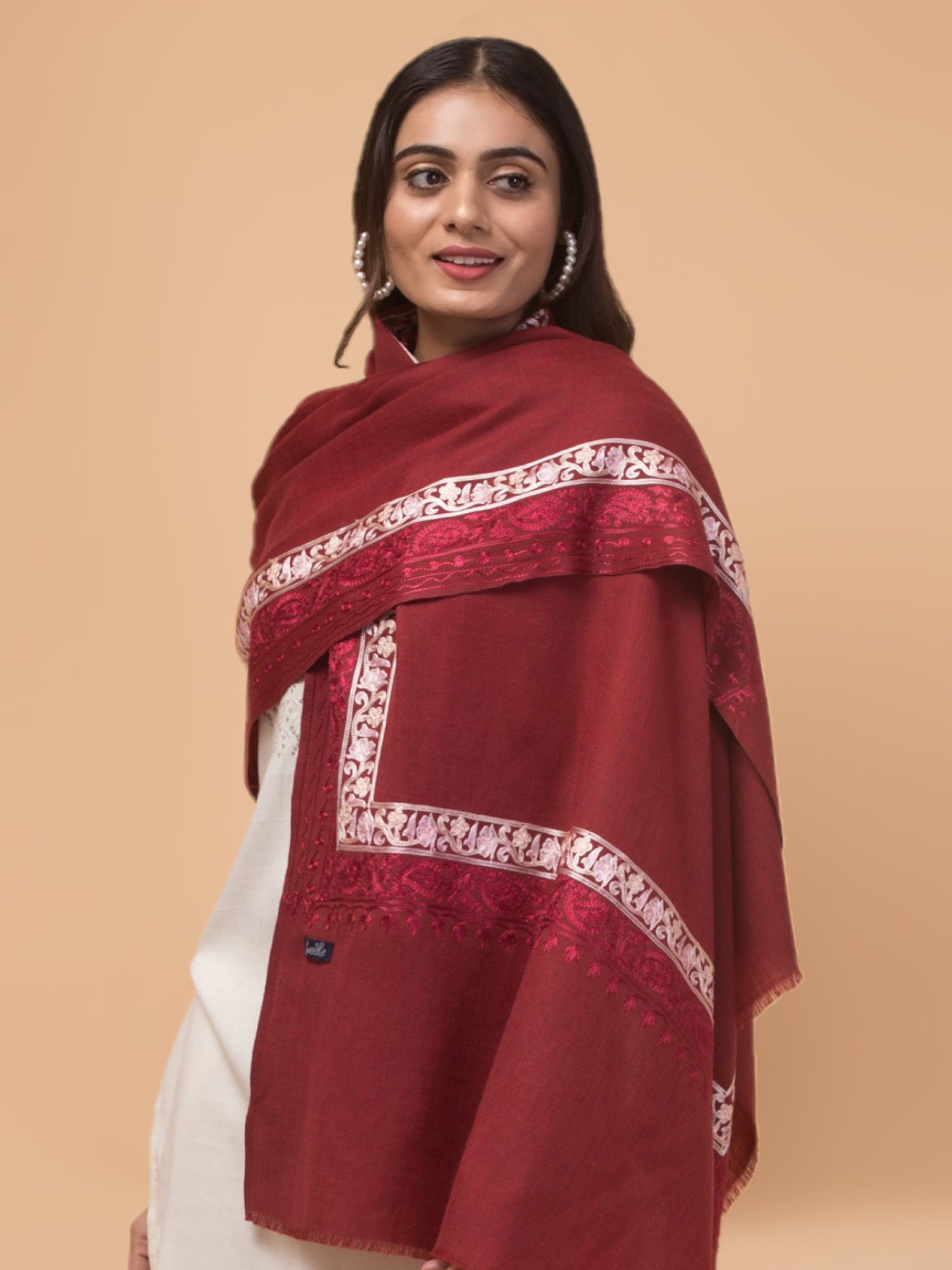 Tweedle Fine Wool Embroidered Stole for Women - Maroon, Size -28x80