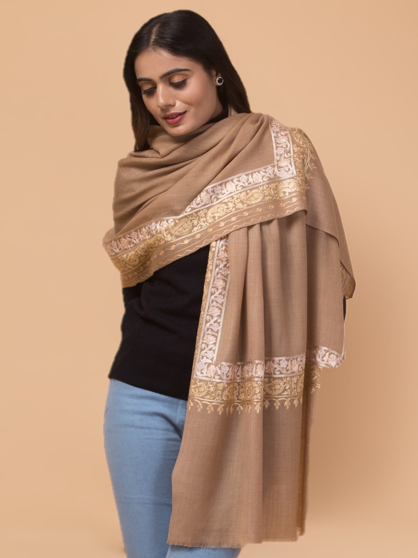 Tweedle Fine Wool Embroidered Stole for Women - Beige, Size -28x80