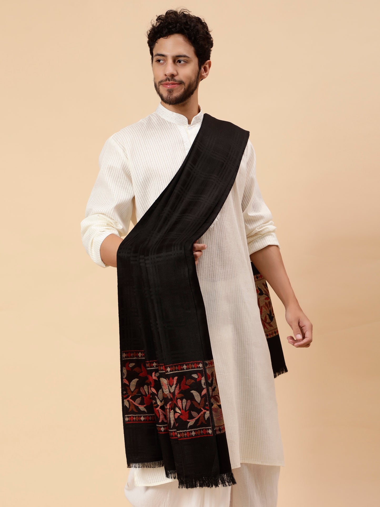 Geometrical Fusion Design Woven Shawl - Black