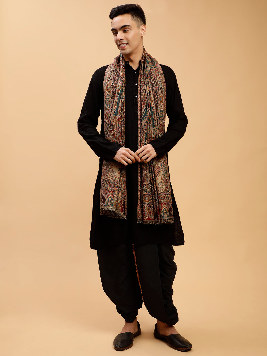 Tweedle Traditional Kashmiri Shawl/ Stole for Men, Wool Blend, Paisley Pattern – Black