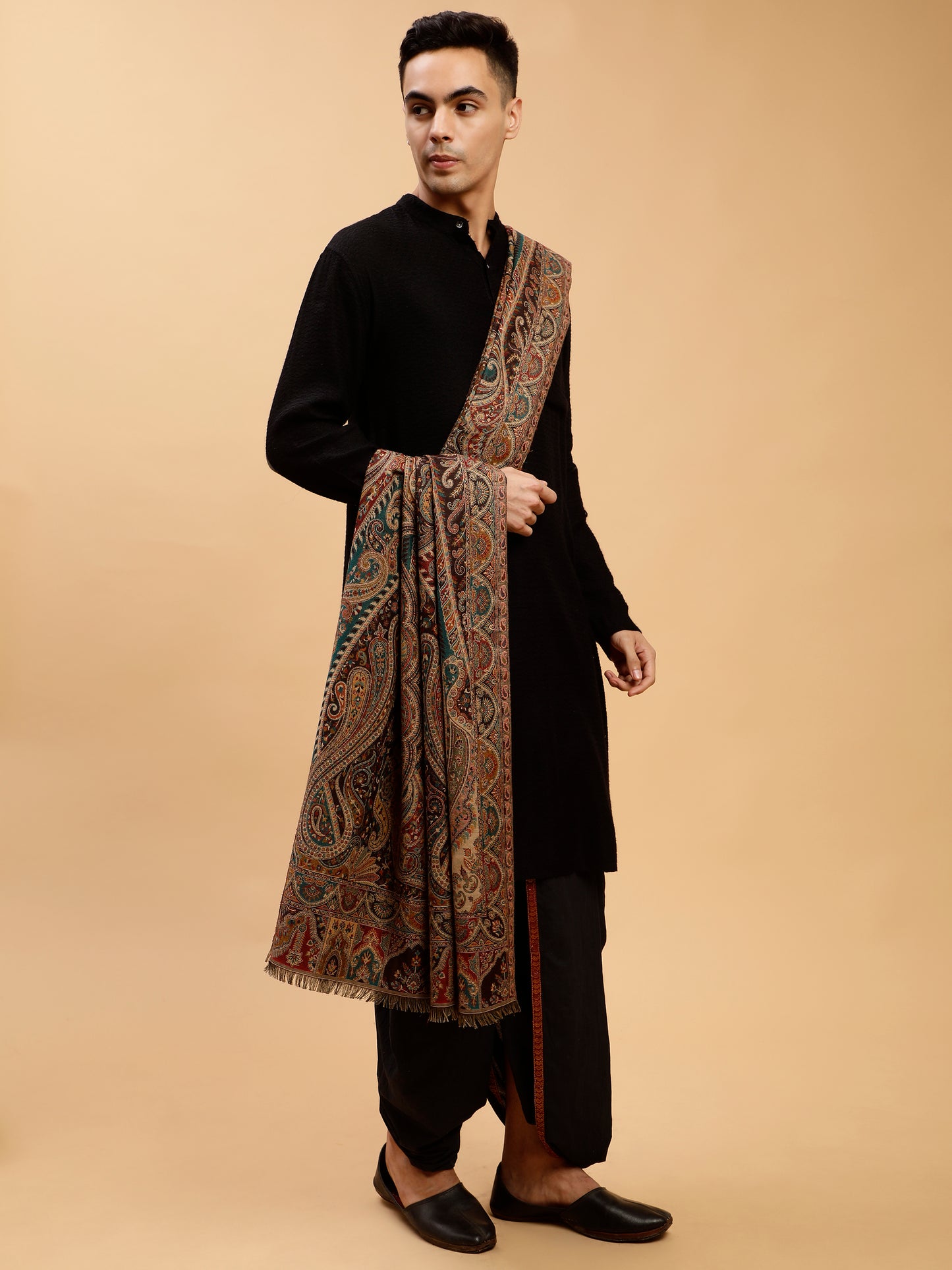 Jacquard Weave, Paisley Design, Faux Pashmina Shawl - Black