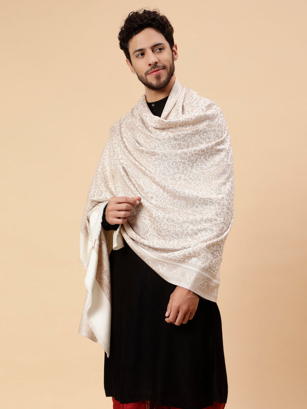 Zari Work Paisley Design Shawl - Off White