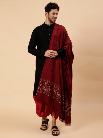 Tweedle Men’s Reversible Shawl / Stole, Wool Blend, Ethnic Kashmiri Design Scarf  – Wine