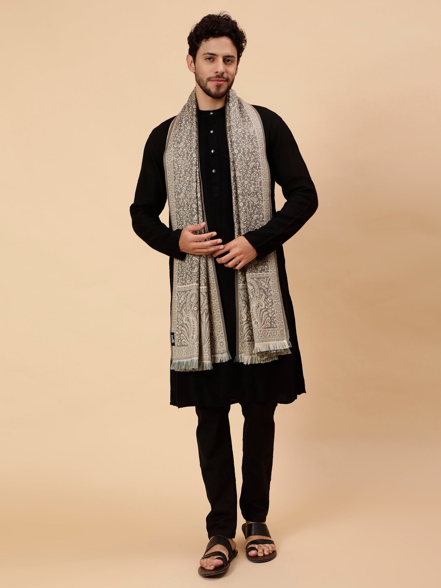 Double Sided Acro Wool Jacquard Shawl - Grey