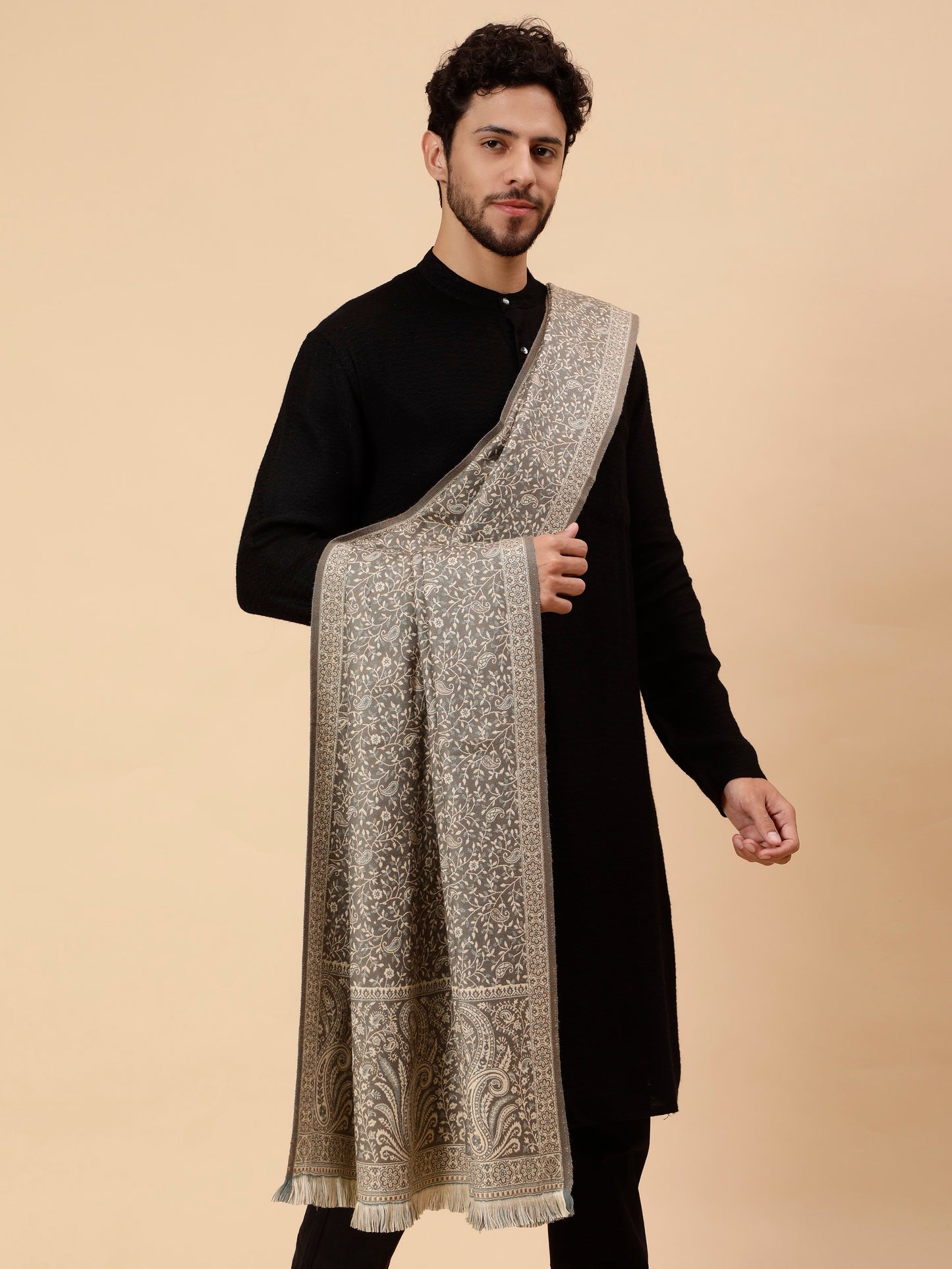 Double Sided Acro Wool Jacquard Shawl - Grey