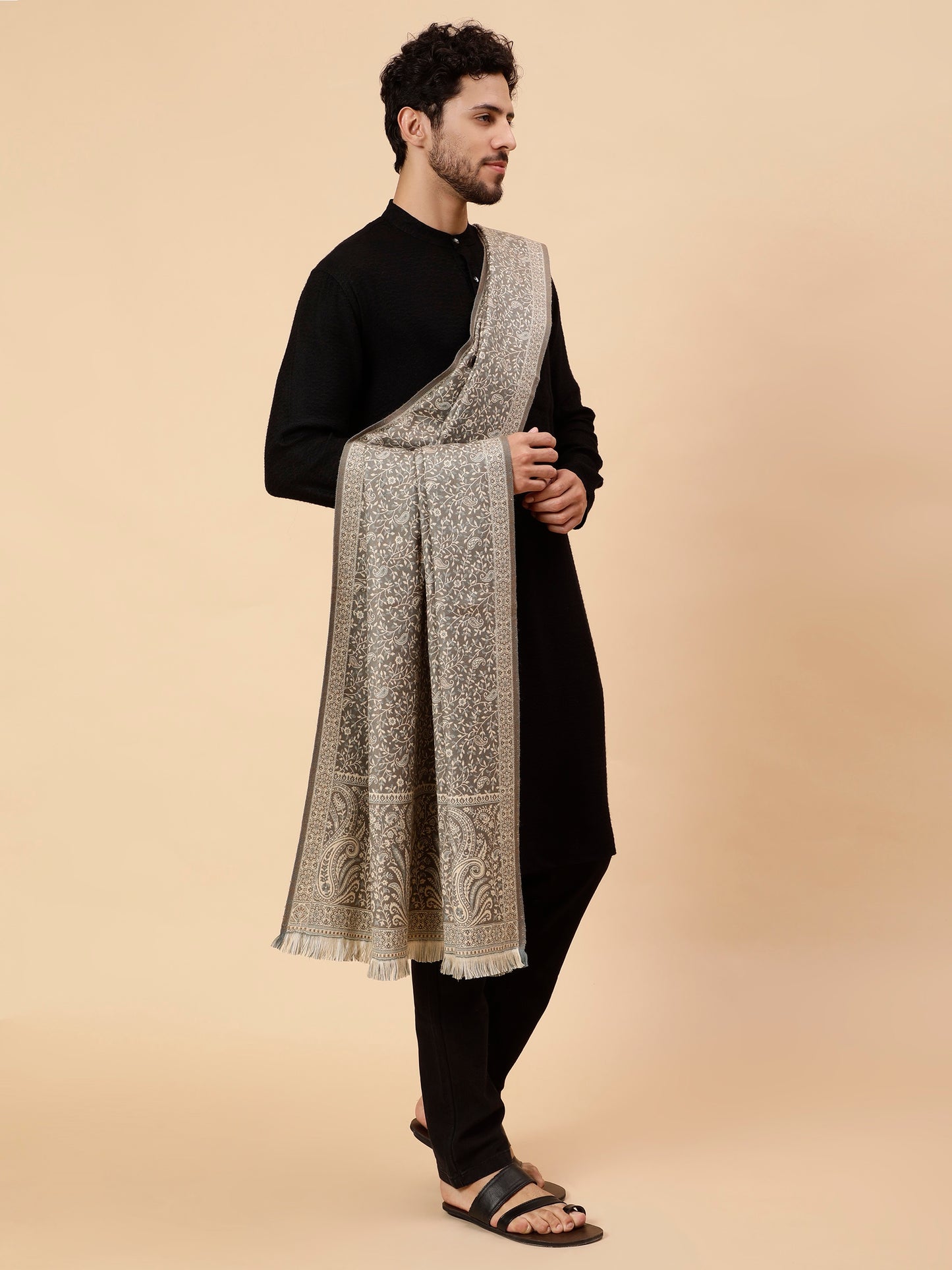 Double Sided Acro Wool Jacquard Shawl - Grey